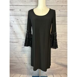 R&M Richards Black Lace Sequin Bell Sleeve Midi Dress Size 6 Gothic Cocktail
